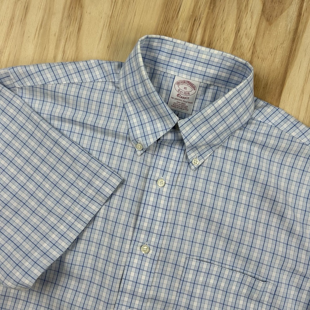 Brooks Brothers Men's Supima Cotton Shirt 15 Classic Blue Plaid Short Sleeve